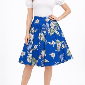 Hell Bunny Vixen Blue Hawaiian Floral Tiki Retro Pinup Flare Skirt Size Medium